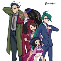 Rule 34 | 1boy, 4girls, ace attorney, adjusting clothes, adjusting necktie, ahoge, androgynous, ascot, belt, black belt, black hair, black pants, black vest, blue eyes, blue jacket, blue pants, blunt bangs, blush, braid, bright pupils, brown eyes, brown hair, closed mouth, coat, collared shirt, commentary, cosplay, creatures (company), dark-skinned female, dark skin, dick gumshoe, dick gumshoe (cosplay), earrings, english commentary, finger to head, formal, game freak, geeta (pokemon), green coat, green hair, grey hair, grey shirt, hanten (clothes), highres, jacket, japanese clothes, jewelry, juliana (pokemon), kimono, larry (pokemon), long hair, long sleeves, looking at another, magatama, magatama necklace, maya fey, maya fey (cosplay), miles edgeworth, miles edgeworth (cosplay), multicolored hair, multiple girls, multiple piercings, necklace, necktie, nintendo, one eye closed, open mouth, orange necktie, pants, pearl fey, pearl fey (cosplay), phoenix wright, phoenix wright (cosplay), pink jacket, pink sash, pokemon, pokemon sv, ponytail, poppy (pokemon), purple jacket, red eyes, red jacket, red pants, reverse trap, rika (pokemon), sash, scratching head, shirt, short hair, short kimono, simple background, smile, sotanghonn, standing, streaked hair, suit, sweatdrop, twitter username, very long hair, vest, white background, white kimono, white pupils, white shirt