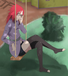 Rule 34 | 1girl, black shorts, feet, female focus, full body, glasses, highres, karin (naruto), looking at viewer, naruto (series), naruto shippuuden, outdoors, red eyes, red hair, short shorts, shorts, solo, stiky finkaz, swing, thighhighs, toeless legwear, toes