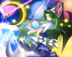 Rule 34 | 1girl, beam, crescent, demon wings, earth (planet), female focus, ghost tail, green eyes, green hair, hair in own mouth, hat, hat ribbon, kuon no rakuen, light particles, long hair, looking away, magic circle, matching hair/eyes, mima (touhou), moon, open hand, outstretched arm, pentagram, red moon, ribbon, skirt, skirt set, smile, solo, space, staff, touhou, touhou (pc-98), wings, wizard hat