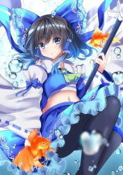 Rule 34 | 1girl, alternate color, ascot, black hair, black pantyhose, blue bow, blue eyes, blue skirt, bow, bubble, feet out of frame, fish, gohei, hair bow, hair tubes, hakurei reimu, holding, looking at viewer, navel, open mouth, pantyhose, player 2, ribbon-trimmed sleeves, ribbon trim, simple background, skirt, touhou, unory, white background, wide sleeves