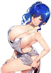 Rule 34 | 1girl, azur lane, backless dress, backless outfit, bare shoulders, blue hair, blush, bracelet, breasts, cleavage, dress, earrings, evening gown, hair ornament, hairclip, halter dress, halterneck, highres, jewelry, large breasts, long hair, looking at viewer, nail polish, necklace, plunging neckline, purple eyes, revealing clothes, side ponytail, side slit, sideboob, sidelocks, silver dress, simple background, smile, solo, st. louis (azur lane), st. louis (luxurious wheels) (azur lane), thighs, tomohiro kai, white background