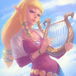 Rule 34 | 1girl, blonde hair, blue eyes, blunt bangs, harp, ilya kuvshinov, instrument, jewelry, nintendo, pointy ears, princess zelda, ribbon, solo, the legend of zelda, the legend of zelda: skyward sword