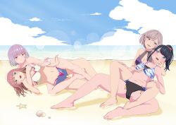 Rule 34 | 4girls, absurdres, barefoot, beach, bikini, black hair, blue eyes, blue sky, blush, grabbing another&#039;s breast, breasts, brown hair, cleavage, cloud, day, embarrassed, feet, grabbing, green eyes, gridman universe, hand on another&#039;s face, highres, lens flare, long hair, looking back, lower teeth only, medium breasts, medium hair, minami yume, mujina, multiple girls, navel, ocean, open clothes, open mouth, open shorts, outdoors, peeqaboo, ponytail, purple hair, red eyes, sand, scrunchie, seashell, shell, shinjou akane, short hair, shorts, sky, smile, ssss.dynazenon, ssss.gridman, starfish, sunlight, sweat, swimsuit, takarada rikka, teeth, upper teeth only, wrestling, yuri