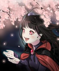 Rule 34 | 1girl, brooch, cape, cherry blossoms, dress, falling petals, fangs, fingernails, forked tongue, happy, high collar, jewelry, lips, long sleeves, one side up, original, own hands together, petals, pointy ears, purple dress, red eyes, shirt, simple background, slit pupils, smile, solo, tongue, vampire, white background, white shirt, yozora