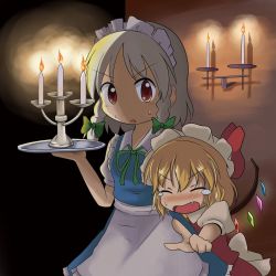 Rule 34 | 2girls, apron, blonde hair, blue dress, blush, braid, candle, candlestand, dark, darkness, dress, closed eyes, fang, female focus, flandre scarlet, hair ribbon, hat, hat ribbon, izayoi sakuya, looking at viewer, maid, maid apron, maid headdress, mikan imo, mob cap, multiple girls, open mouth, pointing, pointing at viewer, puffy sleeves, red eyes, ribbon, shirt, short sleeves, silver hair, skirt, sweat, tears, touhou, tray, twin braids, waist apron, wings
