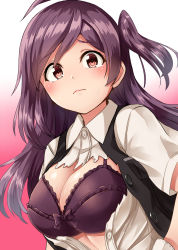 Rule 34 | 1girl, ahoge, black vest, blush, bra, breasts, brown eyes, collared shirt, gradient background, hagikaze (kancolle), highres, kamelie, kantai collection, long hair, looking at viewer, medium breasts, one side up, open mouth, pink background, purple bra, purple hair, shirt, short sleeves, solo, tears, torn clothes, underwear, upper body, vest, white background, white shirt