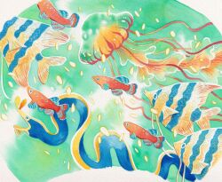 Rule 34 | animal focus, blue scales, eel, fish, fish request, green background, heikala, jellyfish, light, no humans, ocean, original, painting (medium), red scales, traditional media, underwater, water, watercolor (medium), yellow scales