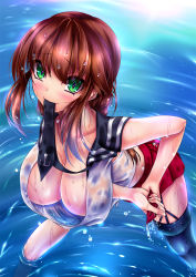 Rule 34 | 10s, 1girl, akeyama kitsune, anchor symbol, asymmetrical legwear, bent over, blush, braid, breasts, brown hair, collarbone, downblouse, dripping, eyebrows, green eyes, kantai collection, large breasts, legs apart, long hair, looking at viewer, mouth hold, noshiro (kancolle), pleated skirt, red skirt, ripples, school uniform, see-through, serafuku, single thighhigh, skirt, solo, squeezing, standing, thighhighs, unbuttoned, uneven legwear, wading, water, wet, wet clothes, wet hair