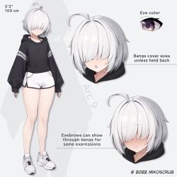 Rule 34 | 1girl, absurdres, ahoge, arc 9 (mikoscrub), blush, character sheet, closed mouth, english text, grey hair, hair over eyes, highres, mikoscrub, multiple views, open mouth, original, puffy sleeves, purple eyes, shoes, short hair, shorts, sleeves past wrists, sneakers, standing, wavy mouth, white footwear, white shorts