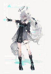 Rule 34 | 1girl, absurdres, animal ear fluff, animal ears, aqua eyes, aqua jacket, black dress, black footwear, black gloves, black jacket, black ribbon, boots, breasts, dot nose, dress, english text, full body, gloves, gradient dress, grey background, grey dress, grey hair, hair between eyes, halo, heterochromia, highres, jacket, light smile, long hair, looking at viewer, multicolored clothes, multicolored hair, multicolored jacket, original, outstretched arm, red eyes, ribbon, shadow, short sleeves, sleeve ribbon, sleeveless, sleeveless dress, small breasts, solo, standing, streaked hair, tail, tail ornament, thigh strap, toriki, two-tone jacket, white hair, wolf ears, wolf girl, wolf tail