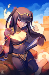 Rule 34 | 1girl, alina l, black cape, black eyes, black hair, blue sky, bodystocking, book, breasts, bridal gauntlets, cape, circlet, cleavage, closed mouth, covered navel, day, desert, fire emblem, fire emblem awakening, floating hair, gold trim, highres, holding, holding book, jewelry, large breasts, long hair, looking at viewer, mixed-language commentary, nintendo, open book, pelvic curtain, sand, signature, sitting, skin tight, sky, solo, tharja (fire emblem), twitter username, two side up