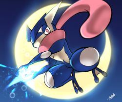 Rule 34 | ayakadegozans, bright pupils, commentary request, creatures (company), game freak, gen 6 pokemon, greninja, highres, looking at viewer, moon, night, nintendo, no humans, outdoors, pink eyes, pokemon, pokemon (creature), shuriken, signature, solo, tongue scarf, weapon, white pupils