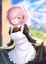 Rule 34 | 1girl, :d, alternate costume, apron, black dress, blue sky, blurry, blurry background, breasts, brooch, cloud, cloudy sky, collared dress, commentary request, cowboy shot, day, depth of field, dress, enmaided, fate/grand order, fate (series), frilled apron, frills, glint, hair over one eye, hair ribbon, highres, jewelry, juliet sleeves, light purple hair, long dress, long skirt, long sleeves, looking at viewer, maid, maid apron, maid headdress, mash kyrielight, medium breasts, neck ribbon, nezumi (09261377), open mouth, outdoors, petals, puffy sleeves, purple eyes, red ribbon, ribbon, short hair, skirt, skirt hold, sky, smile, solo, sparkle, tree, white apron
