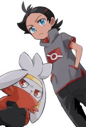 Rule 34 | 1boy, antenna hair, black hair, black pants, blue eyes, closed mouth, commentary, creatures (company), eyelashes, from below, frown, game freak, gen 8 pokemon, goh (pokemon), grey shirt, hands in pockets, high collar, highres, male focus, nintendo, pants, pokemon, pokemon (anime), pokemon (creature), pokemon journeys, pokesumomo, raboot, shirt, short sleeves, simple background, white background