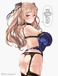 Rule 34 | 1girl, ass, back, bare shoulders, black bra, black gloves, black panties, black thighhighs, blue shirt, blush, bra, commentary request, damaged, from behind, garter straps, gloves, hair between eyes, hair ornament, hair ribbon, hard-translated, johnston (kancolle), juurouta, kantai collection, light brown hair, long hair, looking back, no pants, panties, pink background, ribbon, sailor collar, shirt, simple background, solo, thighhighs, third-party edit, thong, torn clothes, translated, twintails, twitter username, underwear, undressing