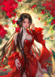 Rule 34 | 1girl, absurdres, backlighting, blue eyes, brown hair, chest cutout, detached sleeves, dress, facial mark, falling petals, flower, forehead mark, hair ornament, hair rings, hand in own hair, highres, holding, holding petal, huo linger (wanmei shijie), long hair, looking at viewer, niannian nuli zhong, parted lips, petals, red dress, red flower, second-party source, solo, teeth, two-tone dress, upper body, wanmei shijie