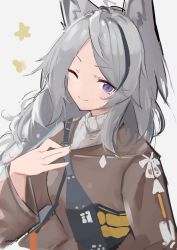 Rule 34 | 1girl, ;), alternate costume, animal ear fluff, animal ears, arknights, asususususu, black hair, brown jacket, closed mouth, commentary request, grani (arknights), grey background, grey hair, grey sweater, hand up, highres, jacket, long sleeves, looking at viewer, multicolored hair, one eye closed, parted bangs, purple eyes, ribbed sweater, simple background, smile, solo, streaked hair, sweater, turtleneck, turtleneck sweater, upper body, wide sleeves