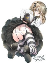 Rule 34 | 10s, 1girl, ass, brown eyes, brown hair, butt crack, dated, from behind, full body, garter belt, garter straps, girls und panzer, hair ribbon, high heels, long sleeves, looking at viewer, looking back, lowleg, lowleg panties, mary janes, medium hair, one side up, panties, ribbon, shimada arisu, shoes, simple background, solo, striped clothes, striped thighhighs, stuffed animal, stuffed toy, teddy bear, thighhighs, ugeppa, underwear, upskirt, white background, white panties