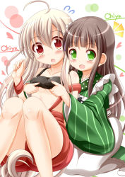 Rule 34 | 2girls, ama usa an uniform, black shirt, blunt bangs, breasts, brown hair, character name, chiya (urara meirochou), clothes lift, commentary request, company connection, crossover, gochuumon wa usagi desu ka?, green background, green eyes, green kimono, highres, japanese clothes, kimono, lifting another&#039;s clothes, long hair, long sleeves, looking at viewer, manga time kirara, multiple girls, name connection, no bra, polka dot trim, red skirt, shirt, shirt lift, sitting, skirt, small breasts, striped clothes, striped kimono, ujimatsu chiya, underboob, urara meirochou, wide sleeves, xenon (for achieve)