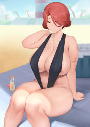 Rule 34 | 1girl, beach, black one-piece swimsuit, breasts, cleavage, condom, condom wrapper, cooler, fortune (last origin), hair over one eye, highres, large breasts, last origin, looking at viewer, lotion bottle, moebell, navel, one-piece swimsuit, red eyes, red hair, short hair, sitting, slingshot swimsuit, smile, solo, swimsuit, thighhighs