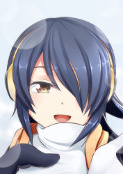 Rule 34 | 10s, 1girl, :d, black hair, brown eyes, commentary, emperor penguin (kemono friends), hair over one eye, hand on own chest, headphones, highres, hood, hoodie, kemono friends, long hair, looking at viewer, open mouth, portrait, smile, solo, yasume yukito