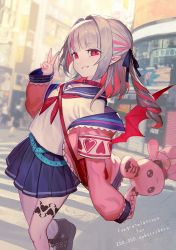 Rule 34 | 1girl, armband, bag, belt, blue sailor collar, boots, building, collar, commentary, crosswalk, demon girl, demon wings, drill hair, grey hair, hair intakes, handbag, highres, holding, holding stuffed toy, jacket, lack, leg tattoo, makaino ririmu, makaino ririmu (4th costume), multicolored hair, neckerchief, nijisanji, off shoulder, open clothes, open jacket, outdoors, parted lips, pink jacket, pleated skirt, pointy ears, red collar, red eyes, red hair, red neckerchief, red wings, sailor collar, shirt, sidelocks, skirt, sleeves past wrists, smile, socks, solo, streaked hair, stuffed animal, stuffed rabbit, stuffed toy, tattoo, twin drills, two-tone hair, v, virtual youtuber, wings
