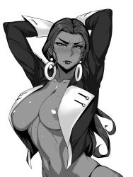 Rule 34 | 1girl, arms up, black beat, blush, breasts, covered erect nipples, curvy, dark-skinned female, dark skin, earrings, female focus, gundam, gundam g no reconguista, jewelry, large breasts, lipstick, long hair, makeup, mashner hume, monochrome, navel, nipples, open clothes, solo, sweat, underwear, undressing