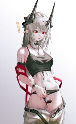 Rule 34 | !, 1girl, arknights, bar censor, black camisole, black choker, black panties, camisole, censored, choker, clothes pull, clothing aside, cross, cross necklace, demon horns, highres, horns, iumu, jewelry, material growth, midriff, mudrock (arknights), mudrock (elite ii) (arknights), necklace, open pants, oripathy lesion (arknights), panties, panties aside, pants, pants pull, pee, pee stain, pointy ears, pussy, red eyes, underwear, white hair