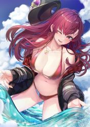 Rule 34 | 1girl, baseball cap, bikini, breasts, cleavage, dutch angle, earrings, hat, highres, hololive, hololive fantasy, houshou marine, houshou marine (summer), jacket, jewelry, large breasts, long hair, necklace, one eye closed, outdoors, partially submerged, red hair, s.u. (simpleu818), sky, solo, swimsuit, virtual youtuber, water, wet
