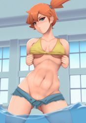 Rule 34 | 1girl, absurdres, asymmetrical hair, blue eyes, blue shorts, blush, breasts, clothes lift, clothes pull, creatures (company), cutoffs, denim, denim shorts, game freak, highres, looking at viewer, medium breasts, misty (pokemon), navel, nintendo, no panties, open fly, orange hair, pokemon, pokemon (anime), pokemon (classic anime), ponytail, pool, shirt, shirt lift, short shorts, shorts, side ponytail, sleeveless, sleeveless shirt, solo, unzipped, wet, yellow shirt, zelc-face