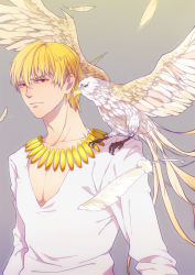 Rule 34 | 1boy, animal, animal on shoulder, bird, bird on shoulder, blonde hair, bracelet, eagle, fate/zero, fate (series), feathers, gilgamesh (fate), grey background, jewelry, male focus, necklace, niniright, official alternate costume, red eyes, solo, v-neck