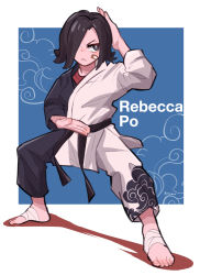 Rule 34 | 1girl, amazu (kurozu), arm up, bandaged foot, bandages, bandaid, bandaid on cheek, bandaid on face, black hair, black kimono, black pants, blue background, closed mouth, colored shadow, commentary, commission, english commentary, full body, grey eyes, hair over one eye, highres, japanese clothes, kimono, legs apart, original, pants, shadow, solo, standing, two-tone background, v-shaped eyebrows, white background, white kimono, white pants