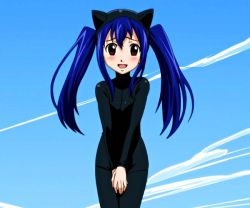 Rule 34 | 1girl, blue hair, bodysuit, fairy tail, latex, latex suit, rubber, screencap, twintails, wendy marvell