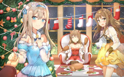 Rule 34 | 3girls, absurdres, ahoge, alternate costume, alternate hairstyle, bare shoulders, belt, blonde hair, blue eyes, blush, bow, braid, breasts, brown eyes, brown hair, chair, choker, christmas, christmas lights, christmas ornaments, christmas stocking, christmas tree, cleavage, closed eyes, closed mouth, collarbone, creator connection, detached collar, double bun, dress, eating, food, french braid, fur trim, girls&#039; frontline, hair between eyes, hair bow, hair bun, hair ornament, hairband, hairclip, hanbok, highres, holding, holding food, holding hands, indoors, jacket, k2 (far east princess) (girls&#039; frontline), k2 (girls&#039; frontline), korean clothes, long hair, long sleeves, looking at viewer, medium breasts, multiple girls, night, off shoulder, official alternate costume, open mouth, pantyhose, rfb (girls&#039; frontline), rfb (how rfb stole xmas) (girls&#039; frontline), sidelocks, sitting, smile, snow, snowflake hair ornament, snowing, sunhyun, suomi (girls&#039; frontline), suomi (korvatunturi pixie) (girls&#039; frontline), table, turkey (food), window