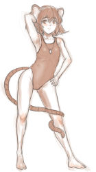 Rule 34 | 1girl, animal ears, arm behind head, arm up, competition swimsuit, contrapposto, gem, grey eyes, grey hair, highres, jewelry, kuro suto sukii, limited palette, looking at viewer, monochrome, mouse ears, mouse tail, nazrin, necklace, one-piece swimsuit, pendant, sketch, solo, standing, swimsuit, tail, touhou