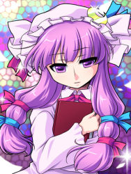 Rule 34 | 1girl, blue bow, book, bow, expressionless, female focus, long hair, manji taba, mosaic background, patchouli knowledge, pink bow, purple eyes, purple hair, solo, touhou