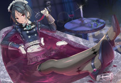 Rule 34 | 1girl, absurdres, bathtub, black thighhighs, blue hair, candle, crossed legs, cup, drinking glass, gloves, halloween, hayami kanade, heels, highres, hmax, idolmaster, idolmaster cinderella girls, looking at viewer, maid, partially submerged, pouring, pouring onto self, red eyes, see-through, shoes, thighhighs, wet, wet clothes, wine glass