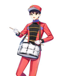 Rule 34 | 1boy, alternate hair color, band uniform, black eyes, buttons, closers, collared jacket, cowboy shot, double-breasted, drumsticks, gloves, hat, high collar, highres, holding, holding drumsticks, jacket, leg up, long sleeves, looking at viewer, male focus, marching band, official art, open mouth, pants, purple hair, red headwear, red jacket, red pants, seha lee, shako cap, short hair, single vertical stripe, snare drum, solo, standing, standing on one leg, uniform, white background, white gloves
