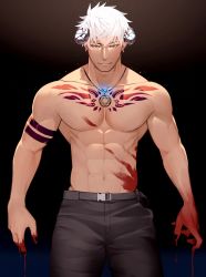 Rule 34 | 1boy, abs, arm tattoo, bara, belt, biceps, black nails, blood, blood on hands, blue eyes, chest tattoo, denim, hidora art, highres, horns, jeans, jewelry, looking at viewer, male focus, muscular, muscular male, nail polish, necklace, original, pants, pectorals, short hair, simple background, smirk, solo, spiked hair, star (symbol), tattoo, white hair