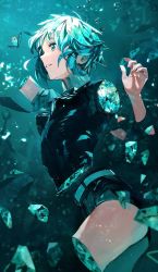 Rule 34 | 1other, androgynous, aqua eyes, aqua hair, aqua theme, bad id, bad twitter id, black shorts, bug, butterfly, collared shirt, commentary request, crystal hair, from side, gem, gem uniform (houseki no kuni), highres, houseki no kuni, idoukunn, insect, other focus, parted lips, phosphophyllite, shirt, short hair, short shorts, shorts, thighs