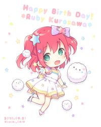 Rule 34 | 1girl, :d, aqua eyes, bow, bracelet, character name, chibi, commentary, dated, dress, hair bow, hair ornament, hairclip, happy birthday, jewelry, kurosawa ruby, looking at viewer, love live!, love live! school idol festival, love live! sunshine!!, open mouth, outstretched hand, polka dot, polka dot bow, purple bow, red hair, sakuramochi n, short hair, short sleeves, smile, solo, standing, standing on one leg, star (symbol), star hair ornament, symbol-only commentary, twitter username, two side up