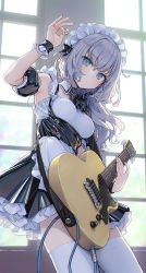 Rule 34 | 1girl, apron, arm up, armpits, backlighting, bare shoulders, black dress, blue eyes, bow, bowtie, breasts, cowboy shot, detached collar, detached sleeves, dress, electric guitar, expressionless, frilled dress, frills, grey hair, guitar, hair ornament, hair over shoulder, highres, holding, instrument, kaito (k4itoh), long hair, looking at viewer, maid, maid apron, maid headdress, medium breasts, nail polish, original, plectrum, sleeveless, sleeveless dress, solo, strap, thighhighs, thighs, underbust, white thighhighs, window, wrist cuffs, zettai ryouiki