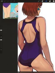 1girl animification art_program_in_frame ass back_cutout borderline7839 clothing_cutout commentary corrupted_twitter_file earrings family_guy from_behind hashtag-only_commentary highres jewelry lois_griffin one-piece_swimsuit orange_hair procreate_(medium) purple_one-piece_swimsuit reference_inset solo swimsuit