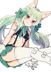 Rule 34 | 1girl, :q, animal ear fluff, animal ears, art556 (girls&#039; frontline), ass, bad id, bad pixiv id, bare arms, bare shoulders, black panties, bow, brown eyes, closed mouth, collared shirt, crop top, feet out of frame, girls&#039; frontline, gloves, green bow, green hair, green skirt, hair bow, ikeuchi tanuma, long hair, looking at viewer, low twintails, midriff, miniskirt, panties, shirt, simple background, sketch, skirt, sleeveless, sleeveless shirt, smile, solo, stomach, suspenders, thighhighs, tongue, tongue out, twintails, underwear, v-shaped eyebrows, white background, white gloves, white shirt, white thighhighs