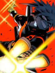 Rule 34 | 1boy, bakugou katsuki, blurry, blurry background, blurry foreground, boku no hero academia, chromatic aberration, commentary request, crazy eyes, depth of field, diffraction spikes, eye mask, film grain, foreshortening, gloves, glowing, grin, hands up, head tilt, headgear, high collar, highres, imminent explosion, incoming attack, limited palette, looking at viewer, looking to the side, male focus, matsuya (pile), midair, neon trim, open hands, orange gloves, outstretched arms, outstretched hand, partial commentary, reaching, reaching towards viewer, red background, red eyes, sanpaku, scratches, short hair, single horizontal stripe, smile, solo, spiked hair, turning head, upper body, wrist guards