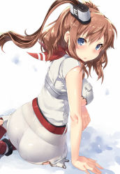 Rule 34 | 10s, 1girl, arm support, armor, ass, belt, blue eyes, blush, breast hold, breasts, brown hair, burnt clothes, dress, floating hair, from behind, hair between eyes, kantai collection, large breasts, long hair, looking at viewer, md5 mismatch, medium breasts, neckerchief, parted lips, red footwear, red neckerchief, rudder footwear, saratoga (kancolle), shoes, short sleeves, sideboob, sideways glance, sitting, skin tight, solo, torimaru, torn clothes, white background, white dress, yokozuwari