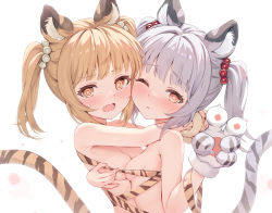 Rule 34 | 2girls, ;&lt;, @ @, animal ear fluff, animal ears, animal hands, bai (granblue fantasy), blonde hair, blush, breast press, breasts, closed mouth, from side, gloves, granblue fantasy, grey hair, heart, heart-shaped pupils, highres, huang (granblue fantasy), hug, kimblee, looking at viewer, looking to the side, multiple girls, open mouth, paw gloves, simple background, small breasts, symbol-shaped pupils, symmetrical docking, tail, tiger ears, tiger girl, tiger tail, twintails, upper body, white background