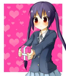 Rule 34 | 1girl, bad id, bad pixiv id, black hair, faubynet, gift, highres, holding, holding gift, k-on!, long hair, nakano azusa, school uniform, solo, twintails, valentine