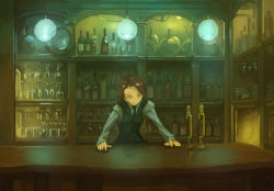 Rule 34 | 1girl, asterisk kome, bad id, bad pixiv id, bar (place), bartender, bottle, brown hair, clock, closed mouth, green eyes, necktie, original, short hair, solo