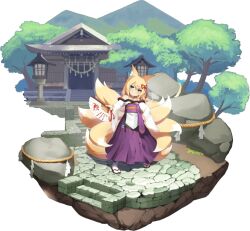 Rule 34 | 1girl, alternate eye color, animal ear fluff, animal ears, aqua eyes, artist request, bad source, bare shoulders, blonde hair, blush, boulder, chest tattoo, dirt, faux figurine, folding fan, fox ears, fox girl, fox tail, full body, hair between eyes, hair ribbon, hakama, hakama skirt, hand fan, hand on own hip, holding, holding fan, japanese clothes, kimono, kitsune, kyuubi, lantern, large tail, leaf, lolibaba, long hair, long sleeves, looking at viewer, mon-musu quest!, monster girl, monster musume td, mountain, multiple tails, official art, paper lantern, print folding fan, purple skirt, red ribbon, ribbon, rope, sandals, sesshouseki, shimenawa, skirt, slit pupils, smile, socks, solo, stairs, standing, stone floor, tabi, tail, tamamo (mon-musu quest!), tattoo, temple, third-party source, transparent background, tree, white kimono, white socks, wide sleeves, zouri